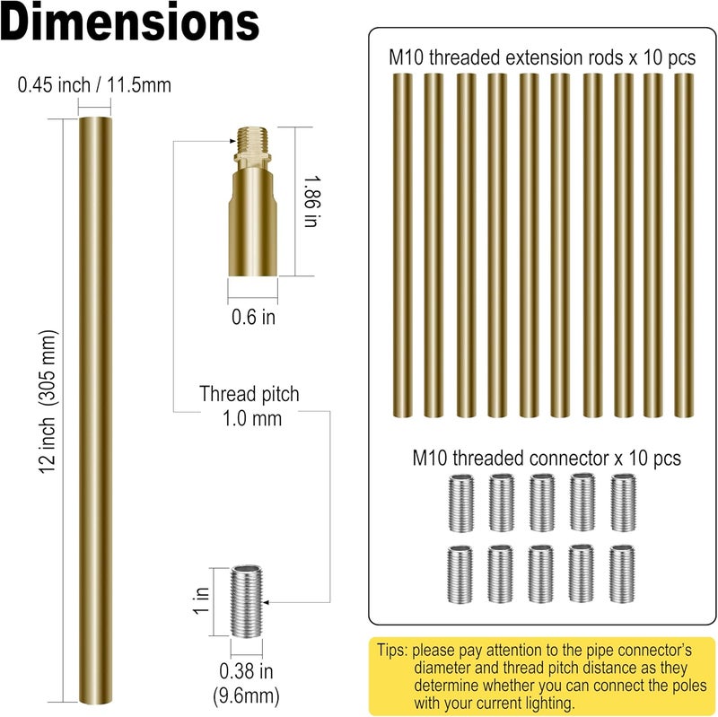 MAYOMAJO 10 Pieces 12-inch M10 Threaded Extension Poles Lighting Fixture Downrods Stems & 180 Degrees Sloped Ceiling Adapter Kits for Pendant Light, Island Lighting, Chandeliers (Brass) - Image 2